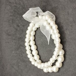 Kids faux pearl double layer stretch bracelet ribbon tie